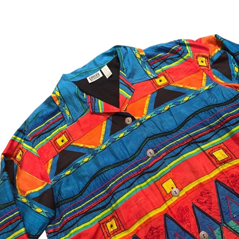 Vintage Chico's Design Blazer Jacket Women's‎ Size 2 Silk Geometric Embroidery